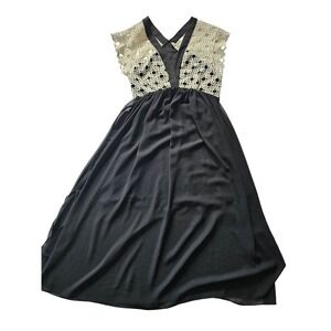 Sandro Crochet Lace Chiffon Midi Dress Womens Black Cream V-Neck Cocktail 34 US4